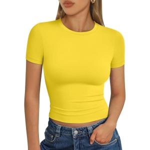 Trendy Queen Womens Short Sleeve T Shirts Summer Crop Tops Basic Slim Fit Gym Workout Y2k Clothes(Yellow)