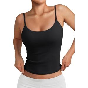 Trendy Queen Womens Spaghetti Strap Tank Top Summer Double Lined Workout Camisole Going Out Cute Tops Y2k Teen Girl Basic(Black)