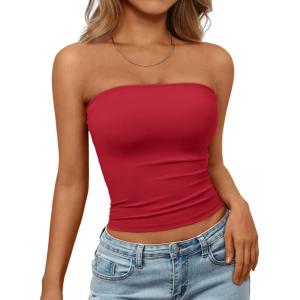 Trendy Queen Womens Strapless Tube Tops Basic Backless Sleeveless Bandeau Going Out Crop Tops Cute 2025 Summer Clothes(Red)