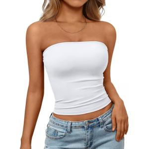 Trendy Queen Womens Strapless Tube Tops Basic Backless Sleeveless Bandeau Going Out Crop Tops Cute 2025 Summer Clothes(White)