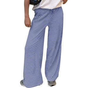 Trendy Queen Womens Striped Ribbed Wide Leg Pants Casual Drawstring Elastic Waist Baggy Sweatpants with Pockets(Blue White)