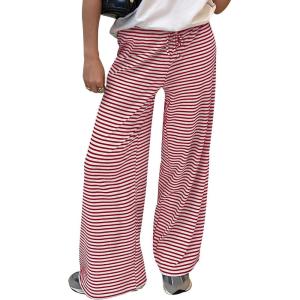 Trendy Queen Womens Striped Ribbed Wide Leg Pants Casual Drawstring Elastic Waist Baggy Sweatpants with Pockets(Red White)