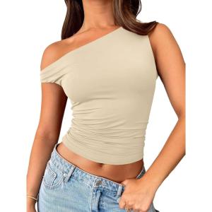 Trendy Queen Womens Summer Off The Shoulder Tops Going Out T Shirts Crop Tank Top Fashion Clothes Spring Outfits 2025(Apricot)