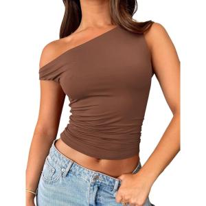 Trendy Queen Womens Summer Off The Shoulder Tops Going Out T Shirts Crop Tank Top Fashion Clothes Spring Outfits 2025(Brown)