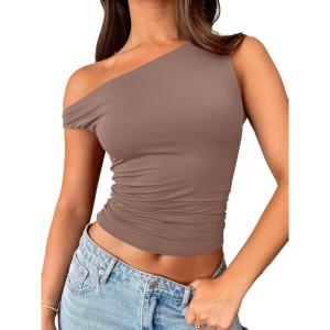 Trendy Queen Womens Summer Off The Shoulder Tops Going Out T Shirts Crop Tank Top Fashion Clothes Spring Outfits 2025(Coffee Grey)