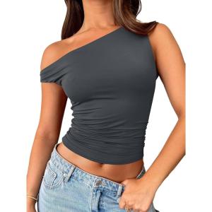 Trendy Queen Womens Summer Off The Shoulder Tops Going Out T Shirts Crop Tank Top Fashion Clothes Spring Outfits 2025(Grey)