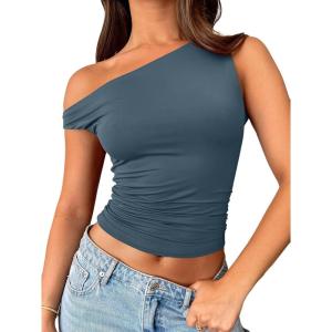 Trendy Queen Womens Summer Off The Shoulder Tops Going Out T Shirts Crop Tank Top Fashion Clothes Spring Outfits 2025(Haze Blue)