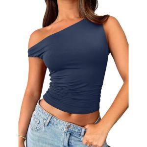 Trendy Queen Womens Summer Off The Shoulder Tops Going Out T Shirts Crop Tank Top Fashion Clothes Spring Outfits 2025(Navy)