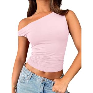 Trendy Queen Womens Summer Off The Shoulder Tops Going Out T Shirts Crop Tank Top Fashion Clothes Spring Outfits 2025(Pink)