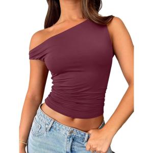Trendy Queen Womens Summer Off The Shoulder Tops Going Out T Shirts Crop Tank Top Fashion Clothes Spring Outfits 2025(Wine Red)