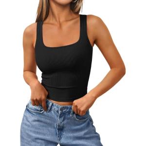 Trendy Queen Women’s Summer Square Neck Tank Tops Workout Cropped Ribbed Summer Camisole Sleeveless Clothes 2025(Black)