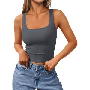 Trendy Queen Women’s Summer Square Neck Tank Tops Workout Cropped Ribbed Summer Camisole Sleeveless Clothes 2025(Blackgrey)