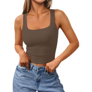 Trendy Queen Women’s Summer Square Neck Tank Tops Workout Cropped Ribbed Summer Camisole Sleeveless Clothes 2025(Coffee)