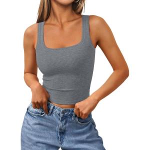 Trendy Queen Women’s Summer Square Neck Tank Tops Workout Cropped Ribbed Summer Camisole Sleeveless Clothes 2025(Gray)