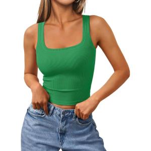 Trendy Queen Women’s Summer Square Neck Tank Tops Workout Cropped Ribbed Summer Camisole Sleeveless Clothes 2025(Green)