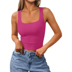 Trendy Queen Women’s Summer Square Neck Tank Tops Workout Cropped Ribbed Summer Camisole Sleeveless Clothes 2025(Hot Pink)