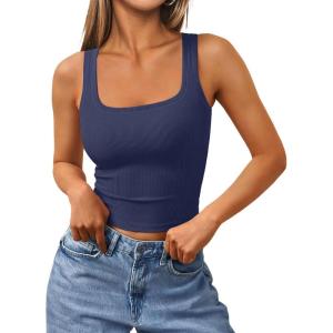 Trendy Queen Women’s Summer Square Neck Tank Tops Workout Cropped Ribbed Summer Camisole Sleeveless Clothes 2025(Navy)