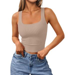 Trendy Queen Women’s Summer Square Neck Tank Tops Workout Cropped Ribbed Summer Camisole Sleeveless Clothes 2025(Nude)