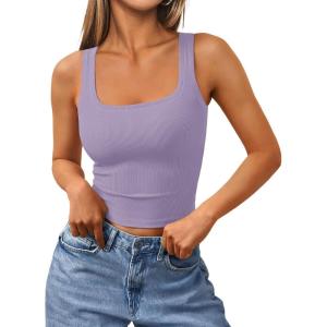 Trendy Queen Women’s Summer Square Neck Tank Tops Workout Cropped Ribbed Summer Camisole Sleeveless Clothes 2025(Purple)