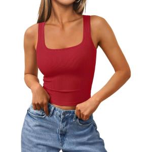 Trendy Queen Women’s Summer Square Neck Tank Tops Workout Cropped Ribbed Summer Camisole Sleeveless Clothes 2025(Red)