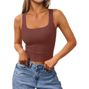 Trendy Queen Women’s Summer Square Neck Tank Tops Workout Cropped Ribbed Summer Camisole Sleeveless Clothes 2025(Rust)