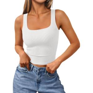 Trendy Queen Women’s Summer Square Neck Tank Tops Workout Cropped Ribbed Summer Camisole Sleeveless Clothes 2025(White)