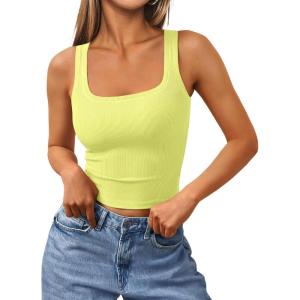 Trendy Queen Women’s Summer Square Neck Tank Tops Workout Cropped Ribbed Summer Camisole Sleeveless Clothes 2025(Yellow)