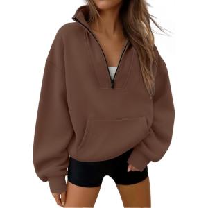 Trendy Queen Womens Sweatshirts Quarter Half Zip Pullover Oversized Hoodies Fall Fashion 2025 Winter Fleece Jackets Sweaters(Brown)