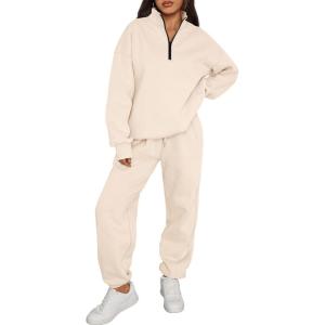 Trendy Queen Womens Sweatsuits 2 Piece Outfits Fall Lounge Sweat Sets Half Zip Sweatshirts with Baggy Sweatpants(Apricot)