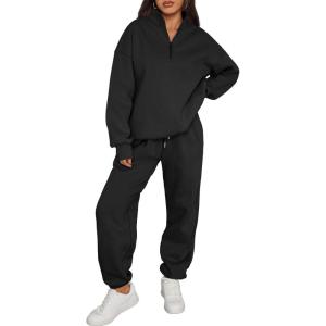 Trendy Queen Womens Sweatsuits 2 Piece Outfits Fall Lounge Sweat Sets Half Zip Sweatshirts with Baggy Sweatpants(Black)