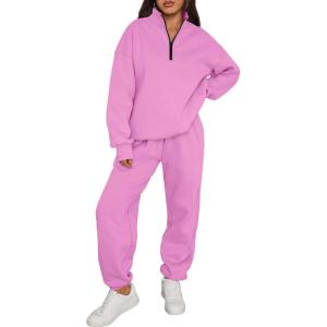Trendy Queen Womens Sweatsuits 2 Piece Outfits Fall Lounge Sweat Sets Half Zip Sweatshirts with Baggy Sweatpants(Pink)