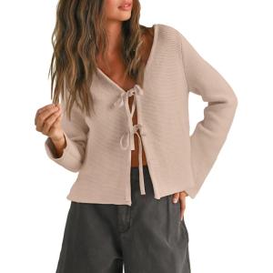 Trendy Queen Womens Tie Front Tops Fall Cardigan Sweaters 2025 Fashion Crochet Crop Winter Clothes Cute Y2K Casual Outfits(Apricot)