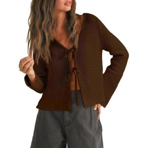 Trendy Queen Womens Tie Front Tops Fall Cardigan Sweaters 2025 Fashion Crochet Crop Winter Clothes Cute Y2K Casual Outfits(Chocolate)