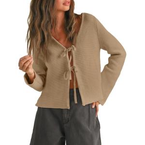 Trendy Queen Womens Tie Front Tops Fall Cardigan Sweaters 2025 Fashion Crochet Crop Winter Clothes Cute Y2K Casual Outfits(Coffeegrey)