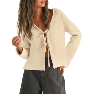 Trendy Queen Womens Tie Front Tops Fall Cardigan Sweaters 2025 Fashion Crochet Crop Winter Clothes Cute Y2K Casual Outfits(Cream)