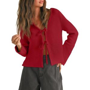 Trendy Queen Womens Tie Front Tops Fall Cardigan Sweaters 2025 Fashion Crochet Crop Winter Clothes Cute Y2K Casual Outfits(Red)