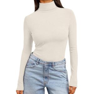 Trendy Queen Women’s Turtleneck Long Sleeve Shirts Fall Fashion Basic Thermal Underwear Tops Winter Clothes 2025(Beige)