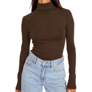 Trendy Queen Women’s Turtleneck Long Sleeve Shirts Fall Fashion Basic Thermal Underwear Tops Winter Clothes 2025(Chocolate Brown)