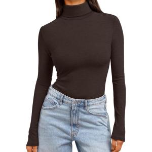 Trendy Queen Women’s Turtleneck Long Sleeve Shirts Fall Fashion Basic Thermal Underwear Tops Winter Clothes 2025(Coffee)