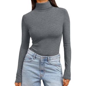Trendy Queen Women’s Turtleneck Long Sleeve Shirts Fall Fashion Basic Thermal Underwear Tops Winter Clothes 2025(Grey)