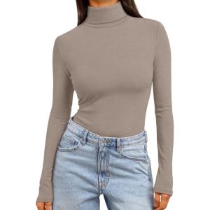 Trendy Queen Women’s Turtleneck Long Sleeve Shirts Fall Fashion Basic Thermal Underwear Tops Winter Clothes 2025(Khaki)
