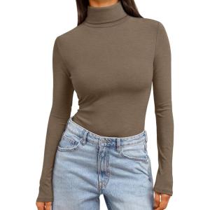 Trendy Queen Women’s Turtleneck Long Sleeve Shirts Fall Fashion Basic Thermal Underwear Tops Winter Clothes 2025(Light Brown)