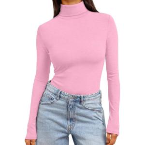 Trendy Queen Women’s Turtleneck Long Sleeve Shirts Fall Fashion Basic Thermal Underwear Tops Winter Clothes 2025(Pink)