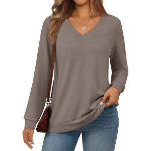 Trendy Queen Womens V Neck Long Sleeve Shirts Lightweight Thermal Pullover Tops Soft Cozy Fall Winter Casual Outfit 2025(Coffeegrey)