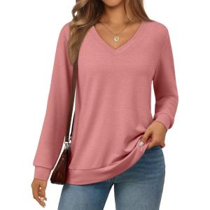 Trendy Queen Womens V Neck Long Sleeve Shirts Lightweight Thermal Pullover Tops Soft Cozy Fall Winter Casual Outfit 2025(Coral)