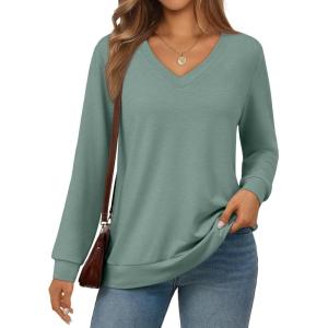 Trendy Queen Womens V Neck Long Sleeve Shirts Lightweight Thermal Pullover Tops Soft Cozy Fall Winter Casual Outfit 2025(Green)