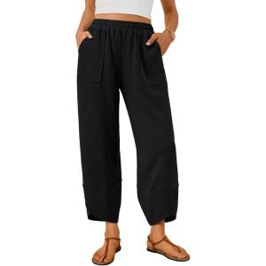 Trendy Queen Women’s Wide Leg Pants Boho Summer Capri Palazzo Harem Casual Barrel Sweatpants Baggy Slacks with Pockets(Black)