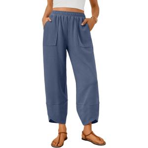 Trendy Queen Women’s Wide Leg Pants Boho Summer Capri Palazzo Harem Casual Barrel Sweatpants Baggy Slacks with Pockets(Greyblue)
