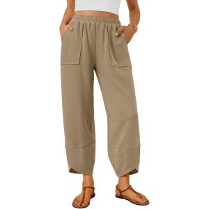 Trendy Queen Women’s Wide Leg Pants Boho Summer Capri Palazzo Harem Casual Barrel Sweatpants Baggy Slacks with Pockets(Khaki)