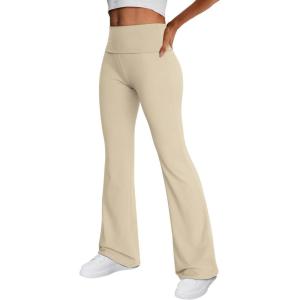 Trendy Queen Women’s Wide Leg Yoga Pants Bootcut Workout Flare Leggings Trendy High Waisted Fold Over 2025 Fall Outfits(Lightkhaki)